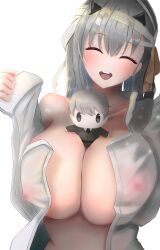 Rule 34 | 1girl, 403 oekaki suke, :d, absurdres, bandaged head, bandages, between breasts, blush, breasts, character doll, cleavage, closed eyes, commander (nikke), goddess of victory: nikke, grey hair, hair ribbon, highres, large breasts, long hair, modernia (first affection) (nikke), modernia (nikke), nipples, off-shoulder shirt, off shoulder, official alternate costume, open clothes, open mouth, open shirt, ribbon, shirt, sidelocks, simple background, smile, solo, white background, white shirt, yellow ribbon