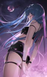 Rule 34 | 1girl, absurdres, arm strap, arms behind back, ass, back, bare shoulders, bat (animal), bat wings, blue hair, bracelet, breasts, cloud, cloudy sky, commentary, crop top, english commentary, facing away, garter straps, glowing, glowing eye, gradient hair, hair over breasts, hair over shoulder, highres, jeon-eo konoshiro, jewelry, leather, light particles, long hair, looking at viewer, medium breasts, midriff, moon, multicolored hair, night, night sky, original, pink eyes, pink hair, purple hair, shiny clothes, shirt, short shorts, shorts, sky, sleeveless, sleeveless shirt, thigh strap, tree, wind, wings