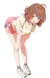 1girl :d ahoge bare_legs blush bra_strap breasts brown_eyes brown_hair cleavage dot_nose full_body gakuen_idolmaster hair_bun hanami_ume hands_on_own_knees happy highres idolmaster large_breasts leaning_forward legs looking_at_viewer medium_hair open_mouth pink_shorts shirt shoes short_sleeves shorts simple_background sincos single_side_bun smile socks solo standing t-shirt tachi-e white_background white_shirt