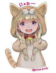 Rule 34 | 1girl, :d, animal costume, animal ears, bell, blonde hair, braid, cat costume, cat ears, cosplay, dragon quest, dragon quest xi, highres, holding, holding own hair, jingle bell, kigurumi, looking at viewer, miso katsu, neck bell, open mouth, purple eyes, simple background, smile, solo, twin braids, twitter username, upper body, veronica (dq11), white background