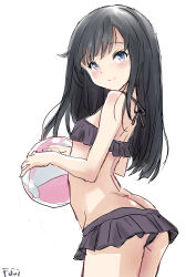 Rule 34 | 1girl, alternate color, asashio (kancolle), ball, beachball, bikini, bikini skirt, black bikini, black hair, breasts, butt crack, commentary request, cosplay, fuji (pixiv24804665), highres, holding, holding ball, kantai collection, kasumi (kancolle), kasumi (kancolle) (cosplay), kasumi kai ni (swimsuit mode) (kancolle), long hair, simple background, small breasts, smile, solo, swimsuit, white background