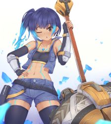 Rule 34 | 1girl, absurdres, blue hair, brown eyes, chest jewel, fiery hair, flat chest, glowing lines, hammer, high tops, highres, holding, holding hammer, holding weapon, kyl490, navel, sena (xenoblade), shoes, shoulder strap, simple background, sneakers, solo, sports bra, weapon, white background, xenoblade chronicles (series), xenoblade chronicles 3