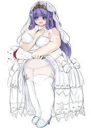 1girl absurdres arm_between_breasts belly between_breasts black_sclera blue_eyes blue_hair blush bouquet breasts bridal_veil bride colored_sclera dress fat flower full_body glass_slipper grimms_echoes hair_bun highres holding holding_bouquet huge_breasts inaba_empire_178 jewelry long_hair navel necklace obese open_mouth rose shaded_face simple_background smile socks solo sweat tiara veil void_cinderella_(grimms_echoes) weight_gain white_background white_dress white_socks