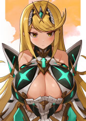 1girl absurdres bare_shoulders blonde_hair blush border breasts chest_jewel cleavage cleavage_cutout clothing_cutout core_crystal_(xenoblade) dress highres huge_breasts long_hair mythra_(xenoblade) orange_background simple_background solo tiara upper_body white_border white_dress xenoblade_chronicles_(series) xenoblade_chronicles_2 yotsuha_uni