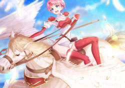 Rule 34 | 1girl, armor, blue eyes, cluseller, commentary request, elbow gloves, feathers, fire emblem, gloves, marcia (fire emblem), nintendo, no panties, open mouth, pegasus, pegasus knight uniform (fire emblem), pink hair, polearm, red thighhighs, short hair, sitting, smile, teeth, thighhighs, upper teeth only, weapon, wings