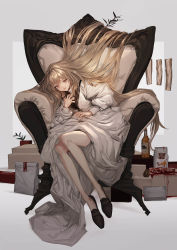 Rule 34 | 1girl, absurdres, alcohol, bag, blanket, blonde hair, blood, bottle, box, brown footwear, dress, food, hand on own chest, highres, holding, holding blanket, lm7 (op-center), log, long hair, looking at viewer, meat, no legwear, open mouth, original, pinecone, plant, red eyes, sailor collar, simple background, sitting, solo, very long hair