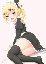 Rule 34 | 1girl, absurdres, apron, black dress, black thighhighs, blonde hair, blue eyes, blush, commentary, dress, embarrassed, fallen down, fang, hair ornament, hairclip, hands on floor, highres, long hair, maid, neck ribbon, no shoes, nukui hayu, ochikobore fruit tart, pink background, red ribbon, ribbon, short dress, side ponytail, sidelocks, signature, simple background, skin fang, socks, solo, thighhighs, thighs, white apron, x hair ornament, yutuki ame