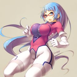 Rule 34 | 1girl, artist name, blue eyes, blue hair, blueberry (5959), blush, bodysuit, breasts, female focus, glasses, large breasts, long hair, matching hair/eyes, open mouth, original, red-framed eyewear, simple background, solo, very long hair