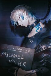 Rule 34 | 1boy, arm tattoo, black gloves, black jacket, blonde hair, blue hair, blue lock, chain, character name, closed mouth, collar, flower tattoo, gloves, gradient hair, highres, holding, jacket, long sleeves, looking at viewer, male focus, michael kaiser, multicolored hair, nana7mich, neck tattoo, open clothes, open jacket, profile, sideways glance, solo, tattoo, torn clothes, two-tone hair, upper body