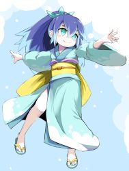 Rule 34 | 10s, 1girl, aqua eyes, blue hair, blush, commentary request, fubukihime, hair ornament, high ponytail, highres, japanese clothes, kimono, long hair, long sleeves, momo (higanbana and girl), multicolored hair, obi, purple hair, sandals, sash, simple background, smile, solo, two-tone hair, wide sleeves, traditional youkai, youkai watch