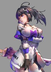 Rule 34 | 1girl, absurdres, ahoge, arm under breasts, asymmetrical gloves, bare shoulders, black gloves, blush, breast hold, breasts, choker, commentary, covered erect nipples, covered navel, cowboy shot, fabit s, gloves, grey background, highres, honkai (series), honkai impact 3rd, large breasts, looking to the side, mismatched gloves, ponytail, purple eyes, purple hair, raiden mei, raiden mei (striker fulminata), solo, sword, thighhighs, weapon, white thighhighs