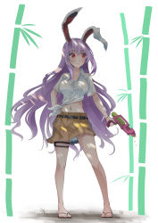 Rule 34 | 1girl, absurdres, animal ears, barefoot, blush, breasts, brown skirt, buttons, collared shirt, full body, hair between eyes, highres, holding, holding water gun, large breasts, light purple hair, long hair, navel, open mouth, otomeza ryuseigun, pleated skirt, rabbit ears, red eyes, reisen udongein inaba, sandals, shirt, short sleeves, skirt, solo, standing, touhou, water gun, wet, wet clothes, wet shirt, white background, white shirt
