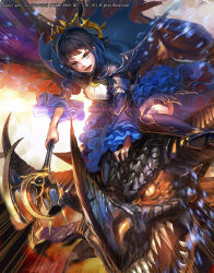 Rule 34 | armor, black hair, blue cape, blue dress, blue eyes, blue nails, boots, cape, crescent, crescent pin, crown, dragon, dragon riding, dress, emperors saga, fingernails, frilled dress, frills, highres, holding, holding staff, juliet sleeves, liduke, long sleeves, looking at viewer, nail polish, official art, puffy sleeves, red pupils, short hair, sitting, slit pupils, smile, staff, watermark, wide sleeves