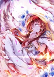 Rule 34 | 1girl, blue eyes, blue flower, bracelet, dress, feathered wings, floating hair, flower, hair between eyes, hair ornament, highres, jewelry, kanaria (fuusenkazura), long hair, looking at viewer, minerva the exalted lightsworn, own hands clasped, own hands together, petals, red hair, smile, solo, twintails, white dress, white wings, wings, yu-gi-oh!