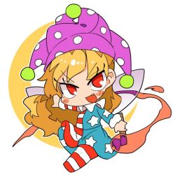 Rule 34 | 1girl, american flag legwear, blonde hair, blush, blush stickers, clownpiece, dress, fairy, fairy wings, fang, full body, hat, holding, holding torch, ini (inunabe00), jester cap, long hair, long sleeves, open mouth, pantyhose, polka dot headwear, purple hat, red eyes, smile, solo, star (symbol), star print, striped clothes, striped dress, striped pantyhose, torch, touhou, v-shaped eyebrows, wings