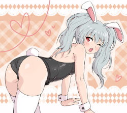 Rule 34 | 1girl, all fours, animal ears, ass, bad id, bad pixiv id, fake animal ears, fang, female focus, koori (haraiso), long hair, looking back, one eye closed, original, playboy bunny, rabbit ears, rabbit tail, red eyes, silver hair, solo, tail, thighhighs, thighs, twintails, wink, wrist cuffs