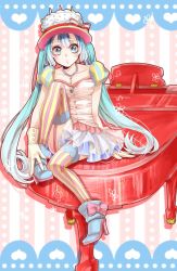 Rule 34 | 1girl, aqua eyes, aqua hair, boots, cake hat, fork, garter straps, gloves, hat, hatsune miku, high heel boots, high heels, highres, hona4869, hona (platinum egg), jewelry, long hair, necklace, sitting, skirt, solo, striped clothes, striped thighhighs, thighhighs, twintails, vertical-striped clothes, vertical-striped thighhighs, very long hair, vocaloid