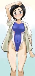 Rule 34 | 1girl, akiyama jomu, black eyes, black hair, blue one-piece swimsuit, commentary request, competition swimsuit, feet out of frame, gluteal fold, hair ornament, hairclip, highleg, highleg swimsuit, highres, idolmaster, idolmaster cinderella girls, looking at viewer, matsuo chizuru, multicolored clothes, multicolored swimsuit, one-piece swimsuit, open clothes, open shirt, shirt, short hair, solo, standing, swimsuit, white shirt
