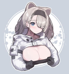 Rule 34 | 1girl, absurdres, animal ears, arknights, aurora (arknights), bear ears, beudelb, black gloves, black hairband, blue eyes, blush, breasts, cleavage, closed mouth, clothes pull, collarbone, cropped torso, expressionless, eyebrows hidden by hair, gloves, grey background, hair over one eye, hairband, highres, large breasts, long sleeves, looking at viewer, pulled by self, shrug (clothing), silver hair, solo, strapless, two-tone background, upper body