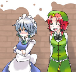 Rule 34 | 2girls, alternate hair length, alternate hairstyle, apron, bad id, bad pixiv id, blue eyes, blush, braid, female focus, hat, hong meiling, izayoi sakuya, lowres, maid, maid apron, maid headdress, multiple girls, nuime, numie, open mouth, red hair, ribbon, short hair, silver hair, skirt, smile, embodiment of scarlet devil, touhou, twin braids, wall