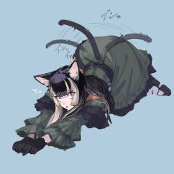 Rule 34 | 1girl, animal ears, black dress, black gloves, black hair, blue background, blue eyes, blunt bangs, cat ears, cat tail, dress, frilled dress, frilled sleeves, frills, gloves, gothic lolita, green dress, grey hair, highres, hololive, hololive dev is, juufuutei raden, lolita fashion, long hair, multicolored hair, murechika, sidelocks, streaked hair, tail, tail wagging, tongue, tongue out, top-down bottom-up, two-tone hair, variant set, virtual youtuber