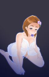 Rule 34 | 10s, 1girl, absurdres, aroma lady (pokemon), babydoll, boxas, breasts, brown hair, condom, condom in mouth, creatures (company), game freak, highres, kneeling, mouth hold, nintendo, npc trainer, pokemon, pokemon oras, see-through, short hair, simple background, solo