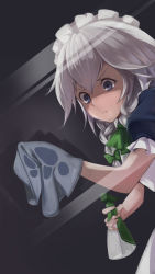 Rule 34 | &gt;:t, 1girl, :t, absurdres, against glass, blue dress, blue eyes, braid, cleaning, dress, fourth wall, highres, izayoi sakuya, layla891228, maid, maid headdress, phone wallpaper, pout, puffy sleeves, reflection, shaded face, short sleeves, silver hair, solo, touhou, twin braids, v-shaped eyebrows, wallpaper