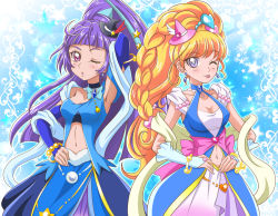 Rule 34 | 2girls, ;p, arm behind head, blonde hair, blue skirt, blue sleeves, bow, bracelet, breasts, bridal gauntlets, choker, cleavage, cleavage cutout, clothing cutout, collarbone, cure magical, cure magical (sapphire style), cure miracle, cure miracle (sapphire style), detached sleeves, earrings, floating hair, hair ornament, hanzou, hat, heart, heart hair ornament, heartcatch precure!, high ponytail, jewelry, long hair, long sleeves, mahou girls precure!, medium breasts, midriff, multiple girls, navel, navel cutout, one eye closed, pink bow, pink eyes, pink hat, precure, purple eyes, skirt, standing, stomach, tongue, tongue out, very long hair, witch hat