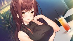 Rule 34 | 1girl, arm rest, ayase hazuki, blush, breasts, brown hair, chair, cup, drinking glass, female focus, game cg, hand up, highres, indoors, juice, large breasts, light smile, long hair, looking at viewer, orange eyes, original, parted lips, plant, sitting, sleeveless, smile, solo, table, tachibana iori, upper body, yubisaki connection