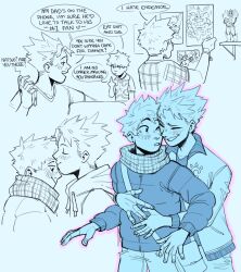 Rule 34 | 2boys, bag, blue background, blue theme, blush, boku no hero academia, cellphone, character doll, closed eyes, closed mouth, coat, comic, commentary, endeavor (boku no hero academia), english commentary, english text, habkart, highres, holding, holding phone, hood, hood down, hug, hug from behind, jacket, kiss, kissing forehead, long sleeves, looking at another, male focus, monochrome, multiple boys, one eye closed, open mouth, phone, poster (object), scarf, shirt, short hair, short sleeves, simple background, smartphone, smile, speech bubble, standing, tameda hiroshi, todoroki natsuo, yaoi