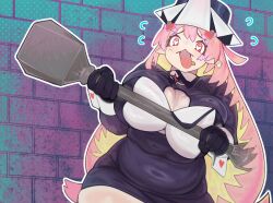 1girl :d black_dress black_gloves breasts cleavage_cutout clothing_cutout colored_inner_hair dress drooling fang gloves hat heart heart-shaped_pupils highres holding holding_mace holding_weapon huge_breasts indoors long_hair long_sleeves mace minkye mouth_drool multicolored_hair open_mouth original pink_eyes pink_hair plump pointy_ears priestess short_dress smile solo symbol-shaped_pupils very_long_hair weapon