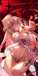 Rule 34 | 1girl, absurdres, arm up, armlet, armpits, bare shoulders, belly chain, body markings, bracelet, breasts, cleavage, colored skin, durga (fate), earrings, facial mark, fate/grand order, fate (series), forehead mark, gradient skin, grey hair, hair ribbon, highres, hiro (hirohiro gorira), jewelry, large breasts, long hair, looking to the side, pelvic curtain, red eyes, red skin, revealing clothes, ribbon, sash, snake, solo, thighs, very long hair