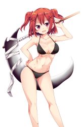 Rule 34 | 1girl, abs, bare arms, bare legs, bare shoulders, bikini, black bikini, breasts, cleavage, coin, collarbone, contrapposto, fingernails, hair bobbles, hair ornament, halterneck, hand on own hip, hand up, highres, holding, holding weapon, looking at viewer, maturiuta sorato, medium breasts, navel, onozuka komachi, red eyes, scythe, simple background, smile, solo, standing, stomach, swimsuit, touhou, two side up, weapon, white background, x hair ornament