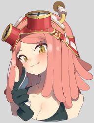 Rule 34 | 1girl, :q, black gloves, blush, boku no hero academia, breasts, cleavage, fingerless gloves, gloves, goggles, goggles on head, grey background, hatsume mei, highres, looking at viewer, medium breasts, pink hair, rasusurasu, short hair, simple background, solo, tongue, tongue out, upper body, yellow eyes