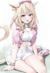 Rule 34 | animal ears, blonde hair, blue eyes, blush, bow, bracelet, breasts, cat ears, cat tail, earrings, facial mark, final fantasy, final fantasy xiv, hair bow, highres, jacket, jewelry, long hair, looking at viewer, medium breasts, midriff, miqo&#039;te, navel, open clothes, open jacket, open mouth, shorts, sitting, sports bra, tail, warrior of light (ff14), whisker markings, yana mori