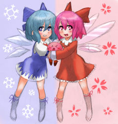 Rule 34 | &gt; &lt;, 2girls, blouse, blue background, blue bow, blue dress, blue eyes, blue hair, bow, bright pupils, cirno, dress, fairy, floral background, full body, hair bow, kirby, kirby (series), kirby 64, looking at viewer, multiple girls, nintendo, open mouth, pinafore dress, pink background, pink eyes, pink hair, psychometalick-girls, red bow, red dress, ribbon (kirby), shirt, short hair, sleeveless dress, smile, snowflake background, touhou, trait connection, white pupils, white shirt