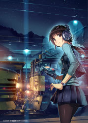 Rule 34 | 00s, 1girl, 2009, black gloves, black hair, black pantyhose, brown eyes, brown hair, building, buttons, device, digital media player, gloves, hair ornament, hairclip, headphones, helmet, hill, holding, jacket, jumpsuit, lamp, lamppost, looking at viewer, md5 mismatch, night, night sky, original, pantyhose, ponytail, railroad tracks, resolution mismatch, revision, shoes, short hair, single glove, skirt, sky, smile, solo, source larger, squatting, star (sky), starry sky, train, ultrasone, vania600, watch, wristwatch