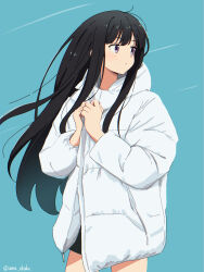 Rule 34 | 1girl, ama (ama ekaku), artist name, black hair, black shorts, blue background, coat, commentary request, down jacket, floating hair, hair flowing over, highres, inoue takina, jacket, long hair, looking to the side, lycoris recoil, partial commentary, purple eyes, shorts, sidelocks, solo, white jacket, wind, winter clothes, winter coat