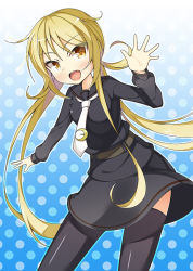 Rule 34 | 10s, 1girl, bad id, bad pixiv id, black serafuku, black thighhighs, blonde hair, blush, crescent, crescent moon, gradient background, kankitsunabe (citrus), kantai collection, long hair, long sleeves, looking at viewer, low twintails, moon, necktie, open mouth, ornament, polka dot, polka dot background, salute, satsuki (kancolle), school uniform, serafuku, skirt, solo, thighhighs, twintails, yellow eyes