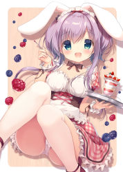 Rule 34 | 1girl, :d, animal ears, ankle strap, black bow, black bowtie, blue eyes, blue hair, blueberry, bow, bowtie, breasts, commentary request, corset, detached collar, food, frilled cuffs, frilled skirt, frills, fruit, hair bow, highres, holding, holding spoon, holding tray, knees together feet apart, looking at viewer, maid headdress, miyasaka naco, multicolored hair, open mouth, original, panties, pantyshot, parfait, purple hair, rabbit ears, raspberry, red ribbon, ribbon, short hair with long locks, skirt, smile, solo, spoon, strawberry, tray, two-tone hair, underwear, white panties, wrist cuffs