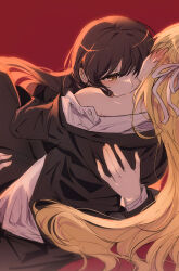 2girls asakura_karen_(heaven_burns_red) biting black_jacket blonde_hair blush brown_eyes brown_hair carrying ear_blush hair_ribbon hand_on_another&#039;s_back heaven_burns_red highres jacket long_hair long_sleeves multiple_girls neck_biting off_shoulder opi princess_carry red_background ribbon shirt simple_background sweatdrop toujou_tsukasa white_ribbon white_shirt yuri