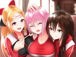 Rule 34 | 3girls, :d, ^ ^, absurdres, black bow, black eyes, blue eyes, blurry, blurry background, blush, bow, breasts, cafe, closed eyes, collarbone, day, fang, feeding, hair bow, head tilt, headband, highres, holding, holding spoon, hug, indoors, jacket, large breasts, long hair, long sleeves, looking at another, md5 mismatch, multicolored eyes, multicolored hair, multiple girls, nekoda (maoda), open mouth, original, pink eyes, pink hair, red bow, red hair, resolution mismatch, short hair, sidelocks, sitting, skin fang, smile, source smaller, spoon, streaked hair, sunlight, window, zipper
