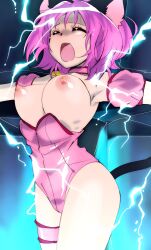 Rule 34 | 1girl, absurdres, animal ears, bdsm, bell, bound, bound arms, bow, breasts, cat ears, cat tail, choker, detached sleeves, electricity, highres, large breasts, lightning, magical girl, medium breasts, momomiya ichigo, nipples, oimanji, open mouth, pink choker, pink hair, puffy detached sleeves, puffy sleeves, restrained, short hair, solo, stationary restraints, tail, tail bell, tail bow, tail ornament, tokyo mew mew