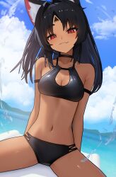 1girl absurdres animal_ear_fluff animal_ears bikini black_bikini black_hair blue_sky blush breasts cat_ears cat_girl cleavage closed_mouth cloud commentary cowboy_shot dark-skinned_female dark_skin english_commentary facial_mark fang forehead_mark highres long_hair looking_at_viewer navel nekomiya_mana ocean outdoors parted_lips red_eyes sitting skin_fang sky small_breasts smile solo stomach swimsuit thomas_8000 watermark zenless_zone_zero