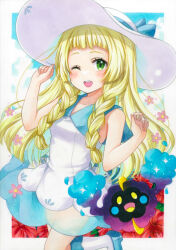 Rule 34 | 1girl, ;d, blonde hair, blush, braid, collared dress, commentary request, cosmog, creatures (company), dress, eyelashes, game freak, gen 7 pokemon, green eyes, hat, hat ribbon, highres, kneehighs, legendary pokemon, lillie (pokemon), long hair, marker (medium), nintendo, one eye closed, open mouth, partial commentary, pokemon, pokemon (creature), pokemon sm, ribbon, see-through, shoes, sleeveless, sleeveless dress, smile, socks, sun hat, sundress, teeth, tongue, traditional media, twin braids, upper teeth only, w arms, whipberry, white dress, white headwear