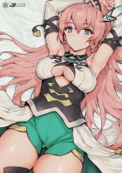 Rule 34 | 1girl, antenna hair, armpits, arms up, black collar, blush, braid, breasts, clothing cutout, collar, collarbone, commentary request, corset, detached sleeves, dragalia lost, expressionless, green eyes, hair ornament, haoni, highres, large breasts, long hair, looking at viewer, louise (dragalia lost), lying, on back, pink hair, solo, stats, thighs, underboob, underboob cutout, very long hair, watermark