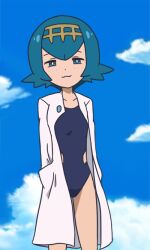 1girl alternate_costume black_one-piece_swimsuit blue_hair blue_sky casual_one-piece_swimsuit closed_mouth cosplay creatures_(company) game_freak hair_between_eyes lana_(pokemon) nintendo one-piece_swimsuit philena_ivy philena_ivy_(cosplay) pokemon pokemon_(anime) pokemon_(classic_anime) pokemon_sm_(anime) sky smile solo suiren_(pixiv_108593027) swimsuit