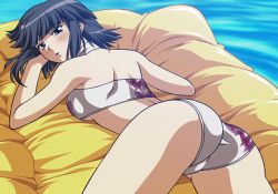 Rule 34 | 1girl, ass, bikini, black eyes, black hair, blush, breasts, inflatable raft, looking back, lying, minami toshimi, non-web source, on stomach, pool, short hair, solo, swimsuit, underboob, water, wrestle angels, wrestle angels survivor
