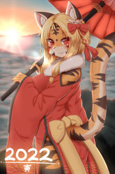 Rule 34 | 1girl, 2022, :3, above clouds, animal ear fluff, animal ears, animal nose, black fur, black thighhighs, blonde hair, bow, chinese zodiac, cloud, cowboy shot, day, eyes visible through hair, fang, fang out, flower, from side, furry, furry female, hair bow, hair flower, hair ornament, hair over shoulder, hands up, happy new year, highres, holding, holding umbrella, horokusa (korai), japanese clothes, kimono, long hair, looking at viewer, mountain, new year, oil-paper umbrella, orange fur, original, outdoors, red eyes, red kimono, side slit, slit pupils, solo, standing, sun, tail, tail raised, thighhighs, tiger ears, tiger girl, tiger stripes, tiger tail, twilight, umbrella, white fur, year of the tiger