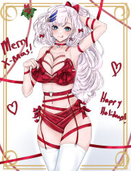 Rule 34 | 1girl, :q, aidoruhakase, blue eyes, bow, bra, breasts, choker, christmas, cleavage, cowboy shot, english text, garter belt, hand in own hair, highres, hololive, hololive indonesia, large breasts, lingerie, long hair, looking at viewer, merry christmas, naked ribbon, navel, navel piercing, panties, pavolia reine, piercing, ribbon, solo, thighhighs, tongue, tongue out, underwear, underwear only, virtual youtuber, white thighhighs